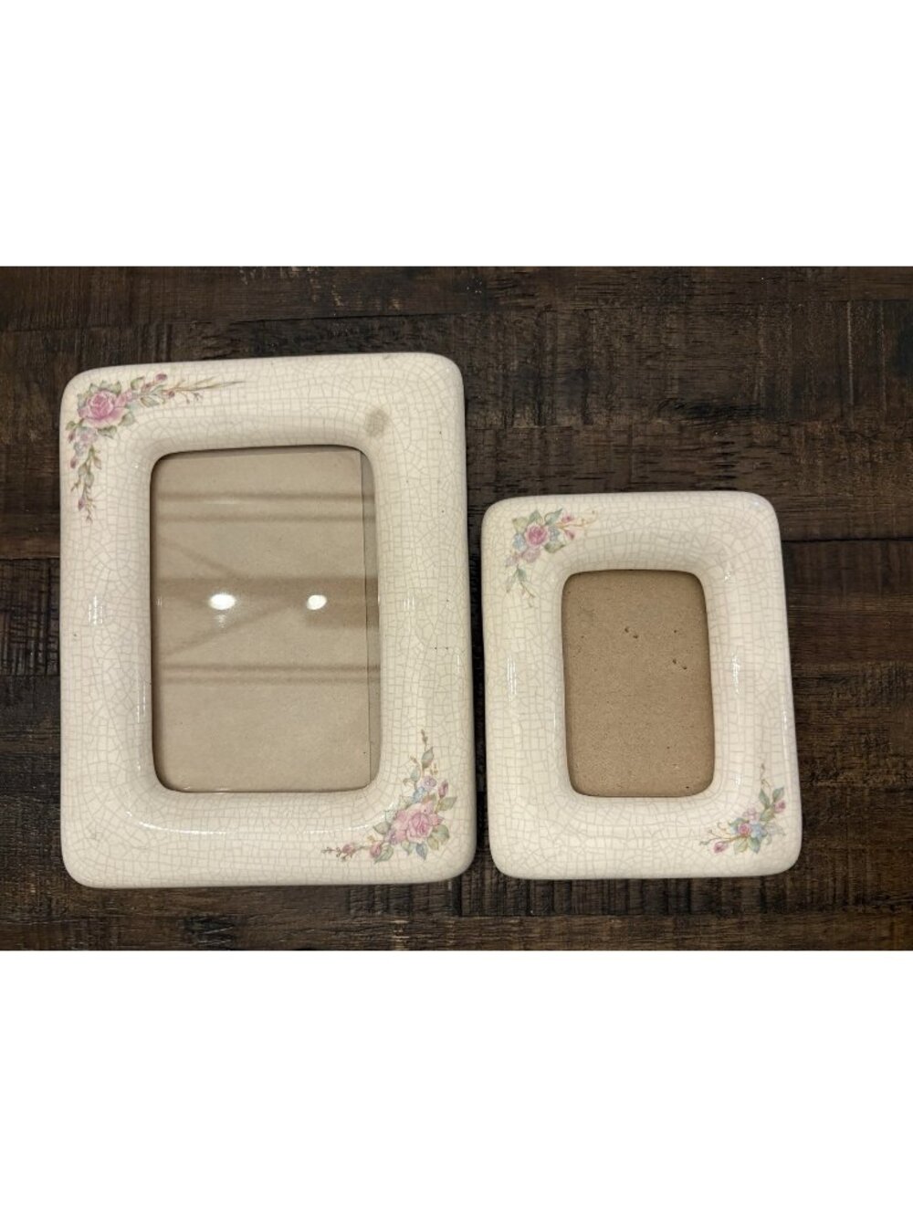 Vintage Pair Ceramic Photo Frames  Floral Crackle Glaze Cottage Chic